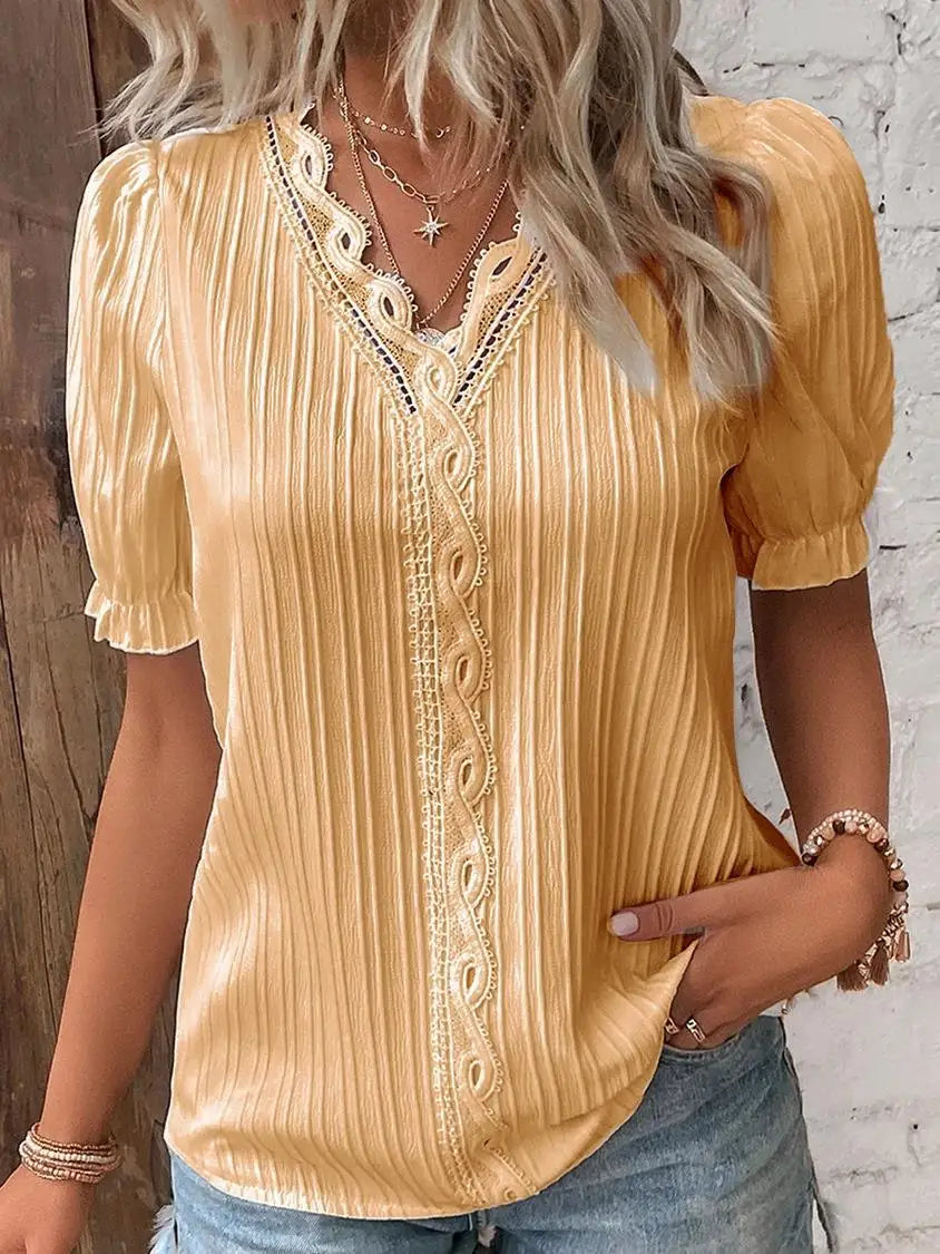 Sexy V Neck Patchwork Blouse Shirts Summer Female Short Lantern Sleeve Holiday Loose Blouse Tops SZE-ST23053 Gold