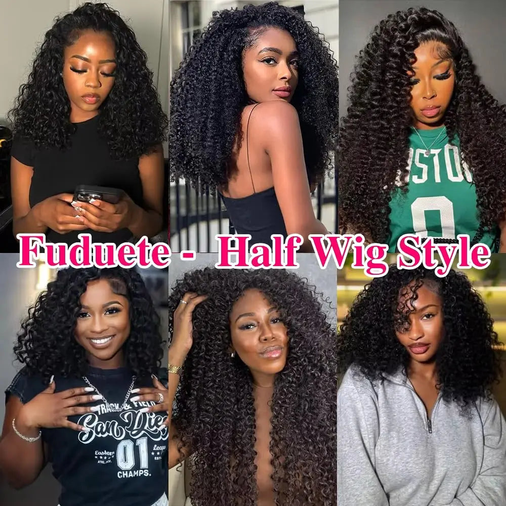 Half Wigs Human Hair Kinky Curly 3 In 1 Human Hair Wig Seamless Flip Over Half Wig Beginner Friendly Curly Wigs for Women Badiee Stylez