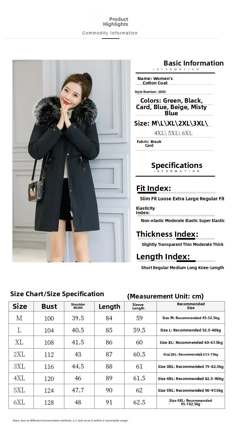 Thiened Fce Women's Cotton Jaet Korean Sle Slim Fit Mid-Length Parka Coat Warm Casual Outerwear for Winter Season