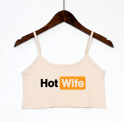 HOT WIFE Letters Print Female Sexy Crop Top Fashion Women's Sexy Elastic Cotton Camis Sleeveless Short Girls Tank Top Bar Women Khaki 1