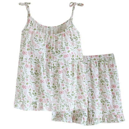 2025 Japanese Summer New Women's Pajama Set 100% Cotton Crepe Cloth Ladies Suspender+Shorts Two Piece Home Furnishing Set