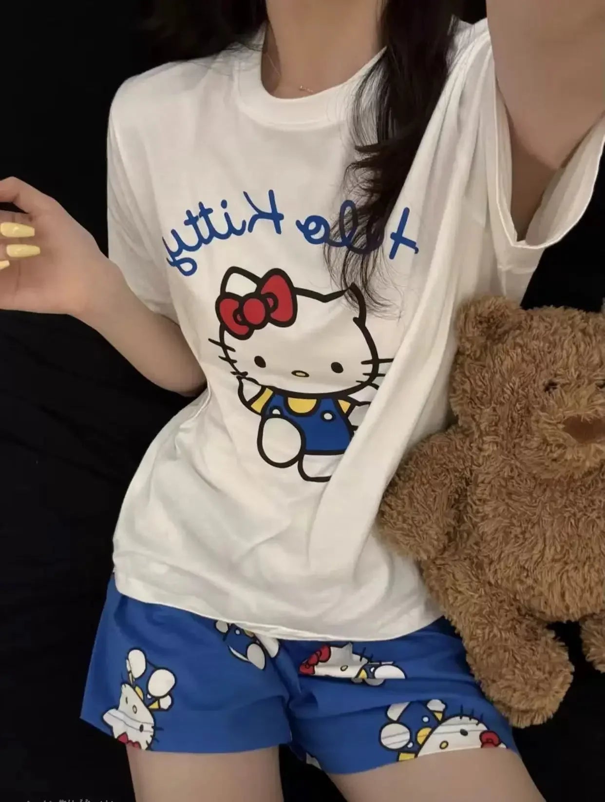 Hello Kitty Summer White & Blue Pajama Set Women's Short Sleeve Shorts with Lace Accents Soft Breathable Loungewear Home Comfort