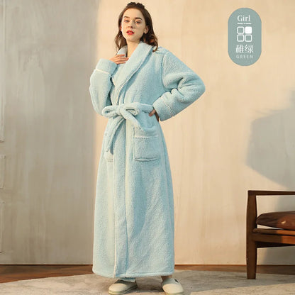 Men's Winter Bathrobe Long Sleeve Warm Turn Down Collar Man Fluffy Bath Robe With Sashes Solid Fleece Dressing Gown For Male Green female