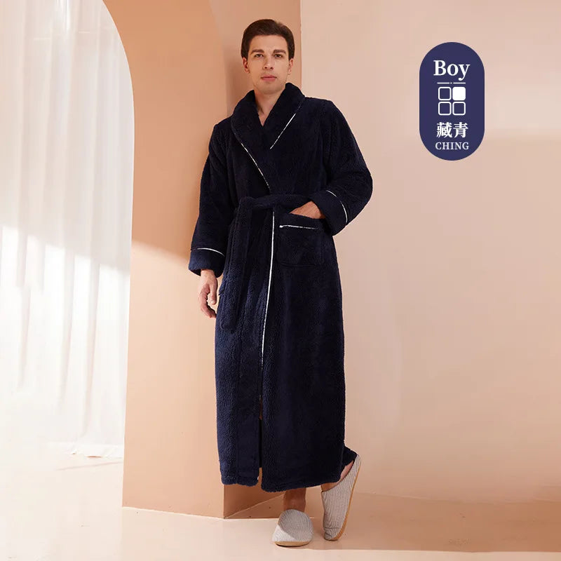 Men's Winter Bathrobe Long Sleeve Warm Turn Down Collar Man Fluffy Bath Robe With Sashes Solid Fleece Dressing Gown For Male Dark blue male