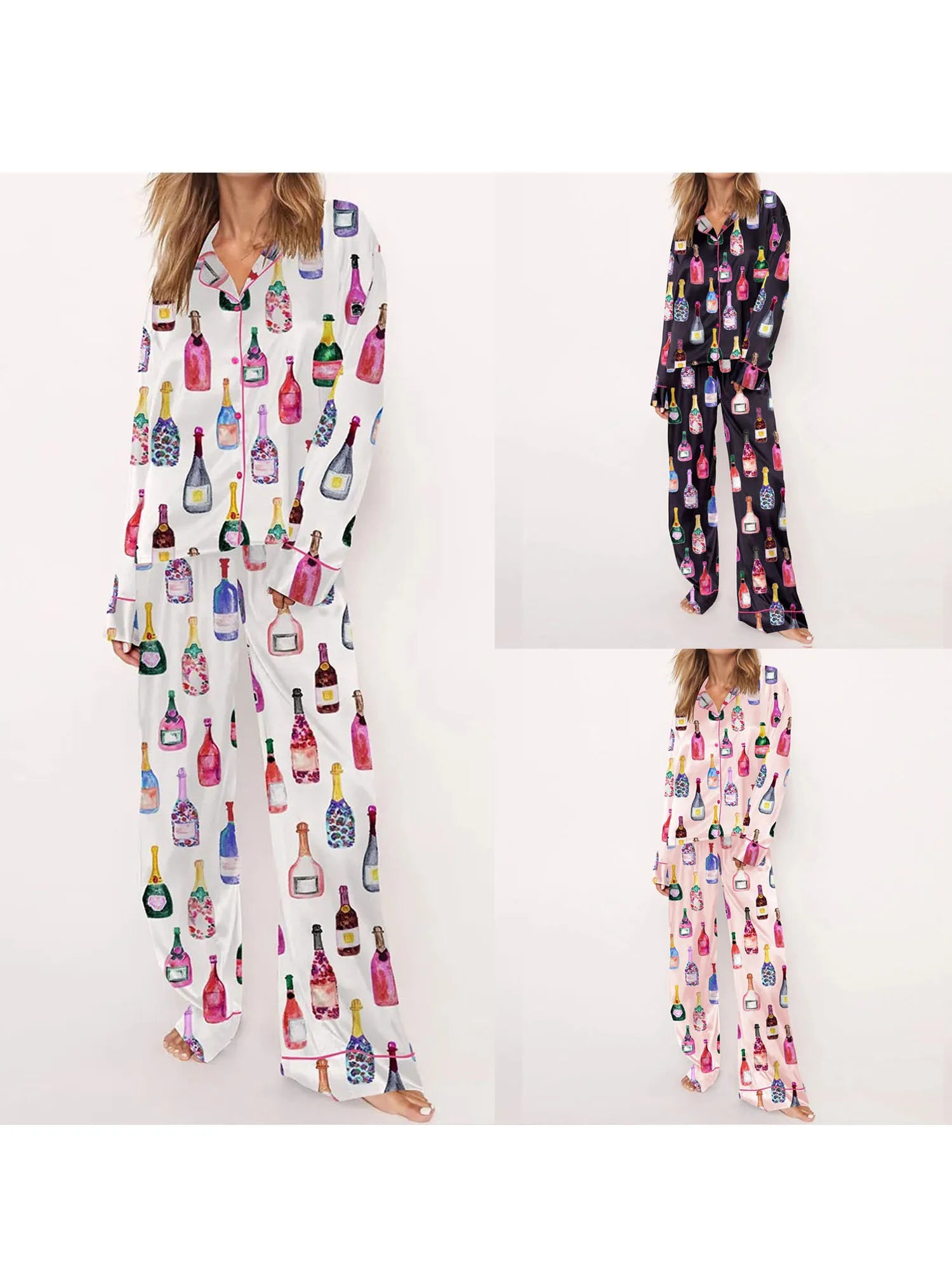 Womens Satin Pajamas Sets 2 Piece Set Champagne Bottle Wine Glasses Long Sleeve Button down Shirt Pants Satin Silk Loungewear