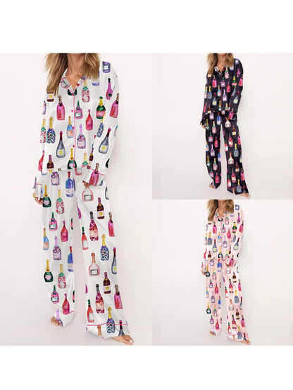 Womens Satin Pajamas Sets 2 Piece Set Champagne Bottle Wine Glasses Long Sleeve Button down Shirt Pants Satin Silk Loungewear