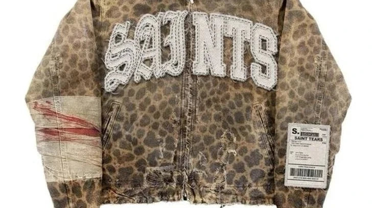 Gothic Retro Leopard Print Pattern Mens Clothes Y2k Two Piece Set Zipper Jacket Ripped Jeans Tracksuit Men Patchwork Streetwear