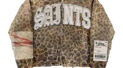 Gothic Retro Leopard Print Pattern Mens Clothes Y2k Two Piece Set Zipper Jacket Ripped Jeans Tracksuit Men Patchwork Streetwear