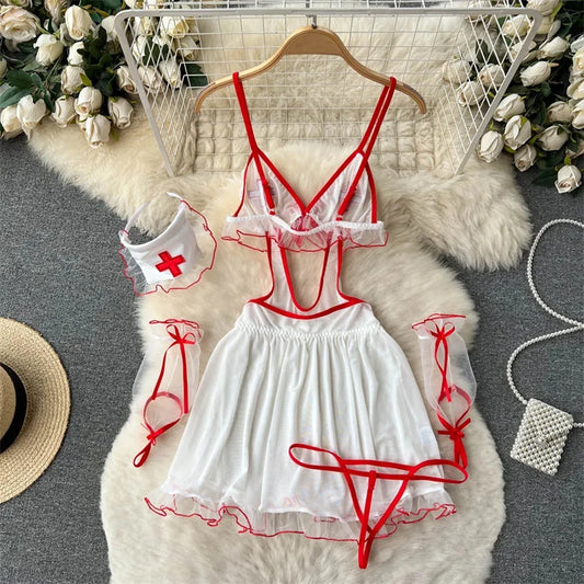 Sexy Cosplay Nurse Uniform Erotic Lingerie Babydoll Dress Flirting Underwear Women Clothes Costume 5 Piece Jumpsuit Dresses