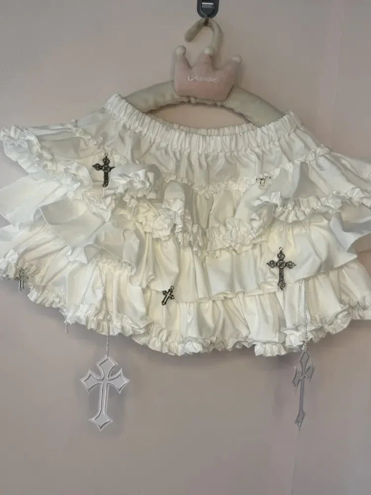 Emo Women Y2K Japanese Goth Elastic Waist Cross Mini Short Skirt High Waist Aesthetic Acubi Ruffle Skirts A-line 2000s Clothes