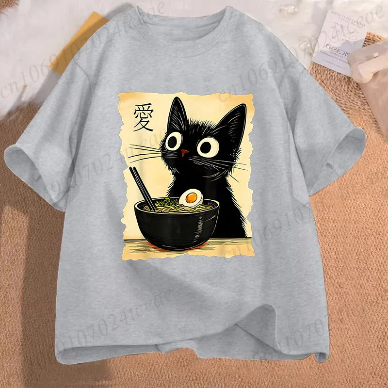 Funny Cat Ramen Graphic Tee Japanese Kawaii Anime Cat T-Shirt Fashion T-shirts Short Sleeve Clothes Trend Casual Unisex Tshirts