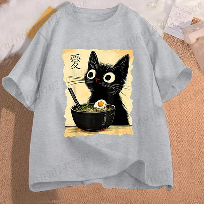 Funny Cat Ramen Graphic Tee Japanese Kawaii Anime Cat T-Shirt Fashion T-shirts Short Sleeve Clothes Trend Casual Unisex Tshirts