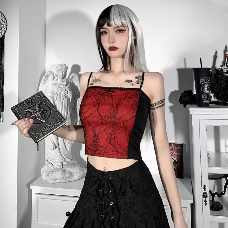 Gothic Cami Tops Y2K Aesthetic Grunge Mall Goth Crop Top Mesh Spider Net Lace Tank Lace Top E-girl Harajuku Slim Tees
