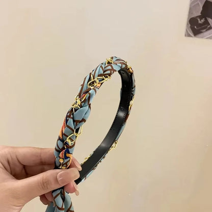Retro Silk Scarf Headband Floral Print Pearl Braided Hairband Adjustable Bow Non Slip Ribbon Hairband for Women Girls Kid