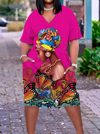 Plus Size Butterfly Print Dress Casual Short Sleeve V Neck Dress With Pockets Women's Plus Size Clothing rose pink