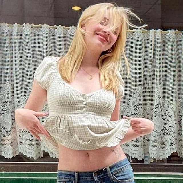 Womens Y2k Fairy Grunge Shirts Square Neck Short Sleeve Lace Patchwork Crop Top Vintage Aesthetic Clothes