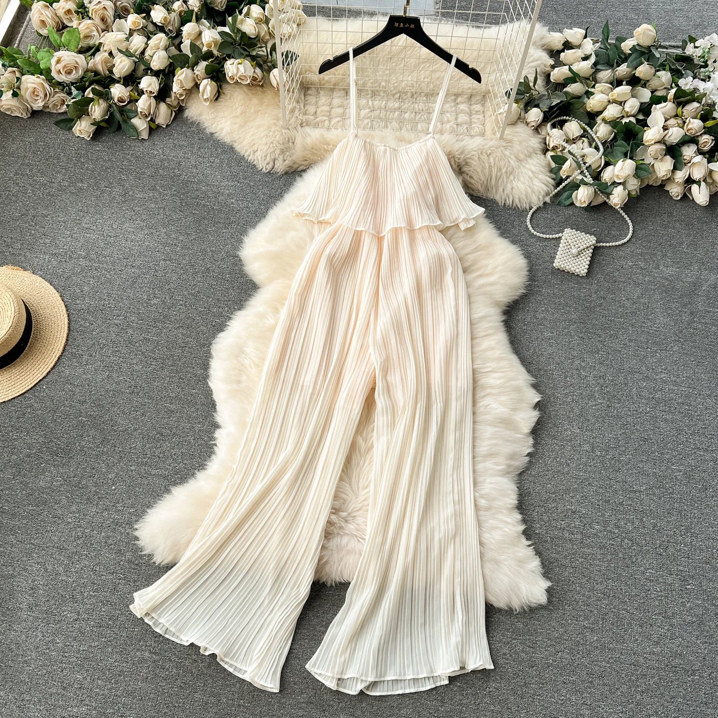 Vacation Loose Jumpsuit Strap Backless Thin Romper Streetwear Women INS One-Piece Outfit Beach Style Pleated Bodysuits creamy-white One Size