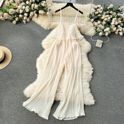 Vacation Loose Jumpsuit Strap Backless Thin Romper Streetwear Women INS One-Piece Outfit Beach Style Pleated Bodysuits creamy-white One Size