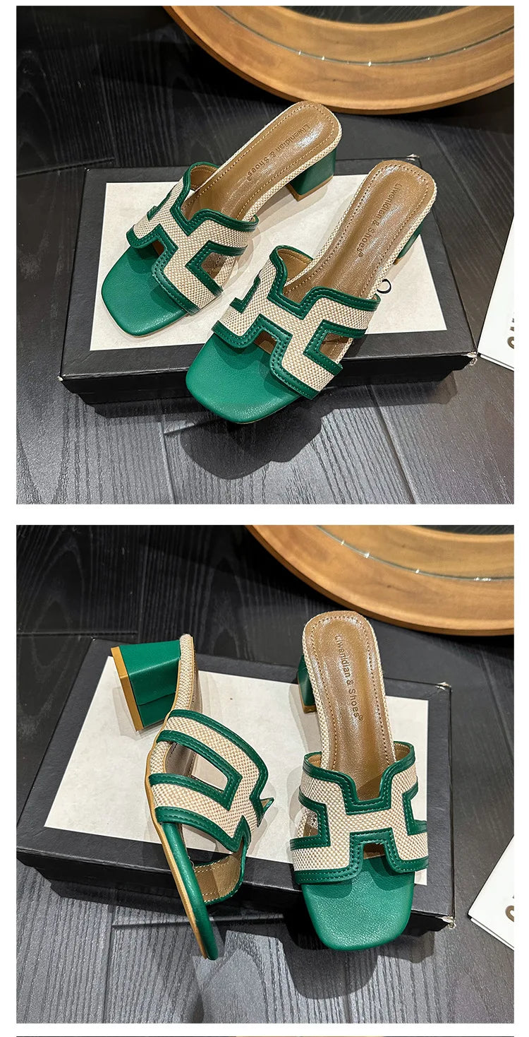 2025 Summer new arrival,fashion style grids high heel slippers for woman,thick heel outwear beach sandals for women