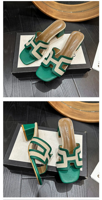 2025 Summer new arrival,fashion style grids high heel slippers for woman,thick heel outwear beach sandals for women