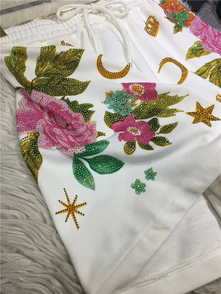 Oversized rhinestone diamond high-waisted black adjustable waist wide leg slacks Women's shorts