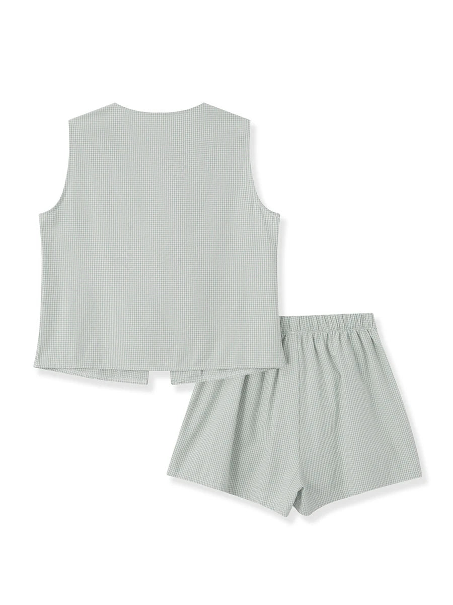 Women 2-Piece Shorts Set Plaid Print Lacing V-Neck Sleeveless Tank Tops Elastic Waistband Shorts Loungewear Outfits