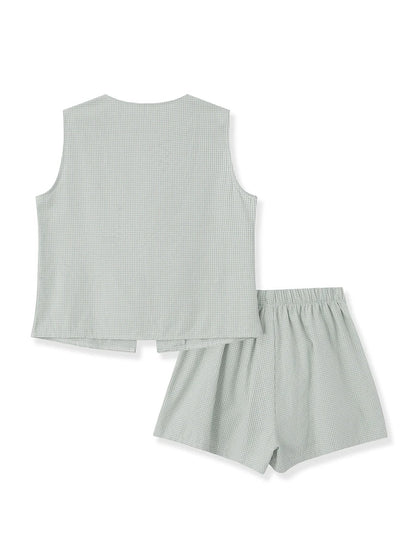 Women 2-Piece Shorts Set Plaid Print Lacing V-Neck Sleeveless Tank Tops Elastic Waistband Shorts Loungewear Outfits