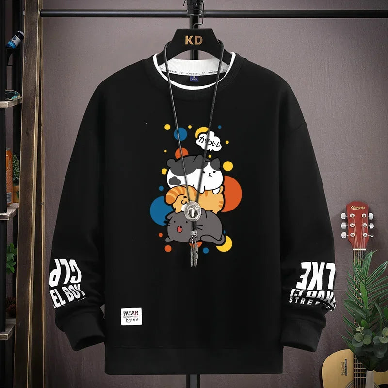 Spring Men's Sweatshirt Japan Cartoon Cats Printed Long Sleeve T-shirt Fashion Men's Clothing Khaki O Neck Harajuku Top 2024 New Die-Black