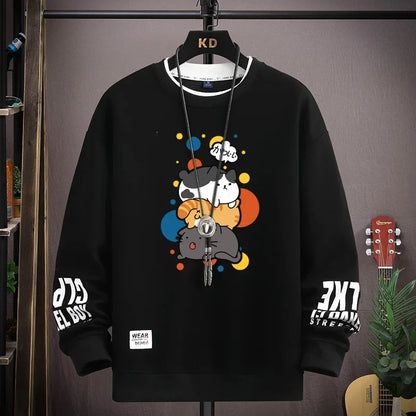 Spring Men's Sweatshirt Japan Cartoon Cats Printed Long Sleeve T-shirt Fashion Men's Clothing Khaki O Neck Harajuku Top 2024 New Die-Black
