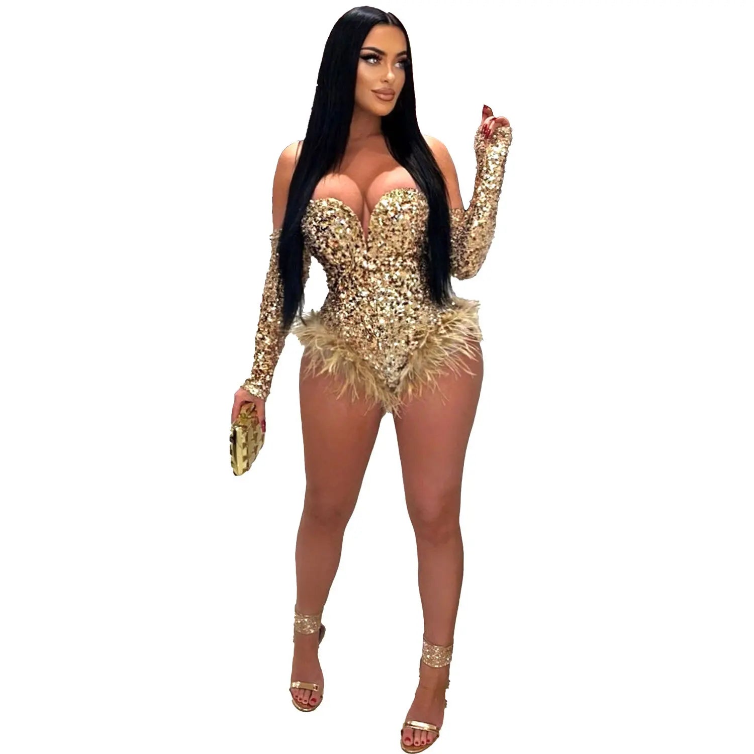 Women's Elegant Sequined Feather Slim Patchwork Bodysuits Spring Summer New Sexy Bodysuits Women Long Sleeve Backless Bodysuits