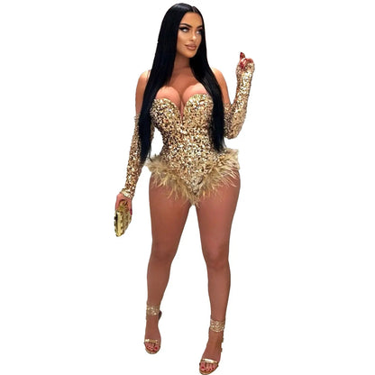 Women's Elegant Sequined Feather Slim Patchwork Bodysuits Spring Summer New Sexy Bodysuits Women Long Sleeve Backless Bodysuits