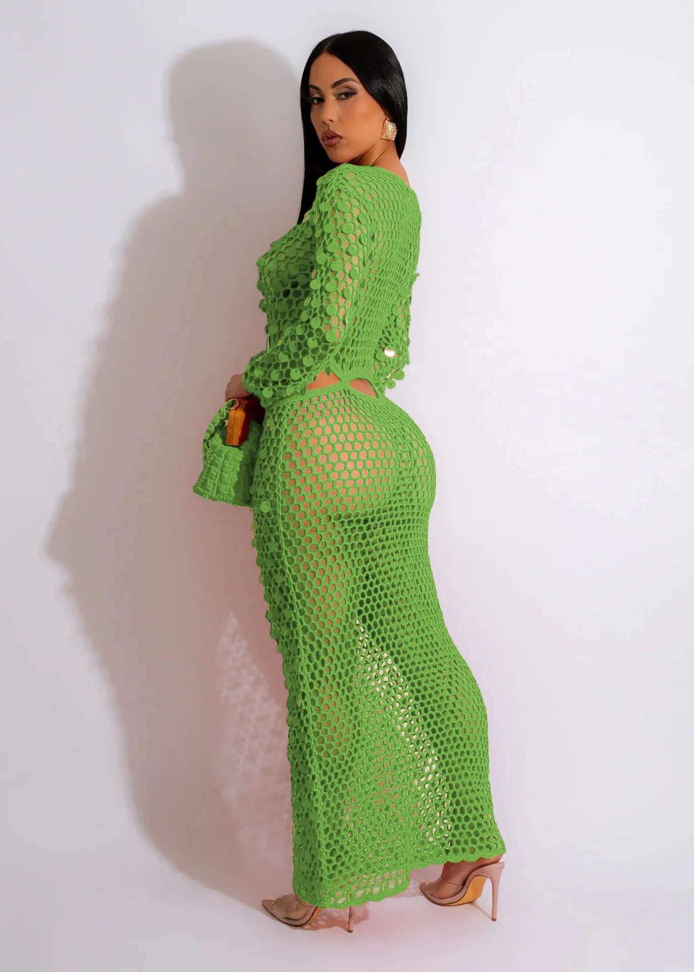Joskaa Fishnet Knitting Hollow Sequins Maxi Dress Sexy See Through Holiday Long Sleeve Slim Summer 2023 Vacation Beach Dresses