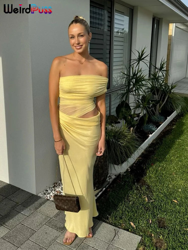 Weird Puss Ruched Irregular Dress Women Mesh Patchwork Slash Neck Short Sleeve Skinny Stretch Trend Elegant Long Bodycon Outfits