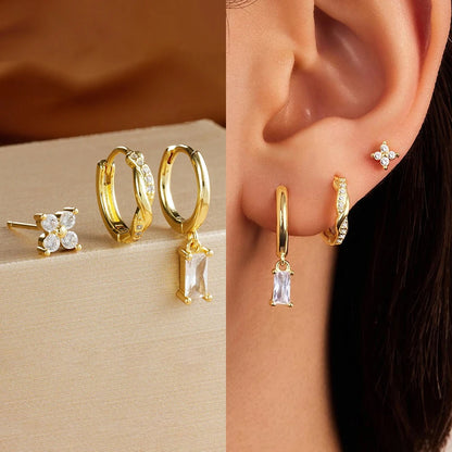 3PCS Fashion Stainless Steel Circle Hoop Earrings Set for Women 18K Gold Plated Zircon Pendant Square Earring Piercing Jewelry