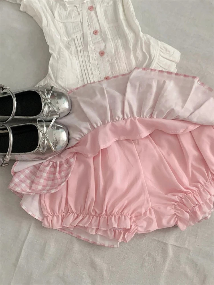 Summer Japanese Sweet Cute Women Outfits Bubble Sleeve Top + Pink Plaid Cake Skirt Harajuku Pure Desire Slim Two Piece Sets 2025