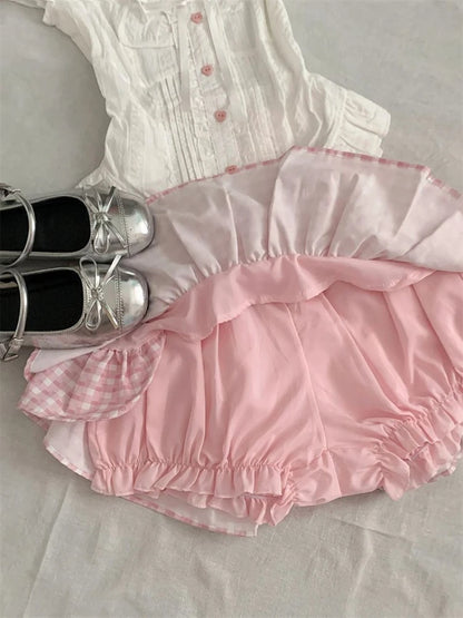 Summer Japanese Sweet Cute Women Outfits Bubble Sleeve Top + Pink Plaid Cake Skirt Harajuku Pure Desire Slim Two Piece Sets 2025