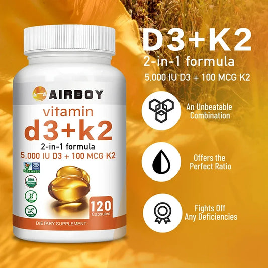 Vitamin D3 + K2 - Promotes Calcium Absorption, Bone and Joint Health, and Boosts ImmunitySupplements