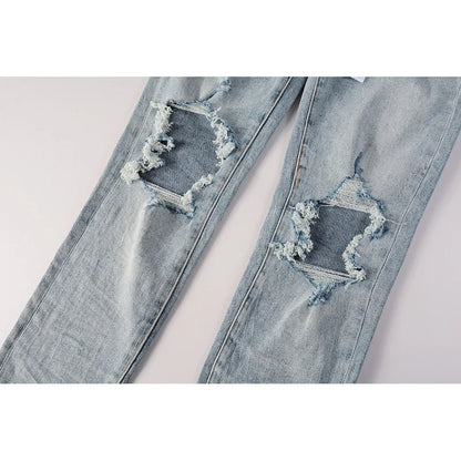 Men's American High Street Fashion Distressed Washed Classical Blue Damaged Holes Stretch Skinny Button Fly Jeans Pants