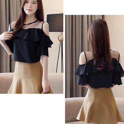 Women's Round Collar Mesh Chiffon Blouse, Short Sleeve Ruffles Tops, Sexy Off Shoulder Shirt, Solid Color Clothes, Summer, 4206
