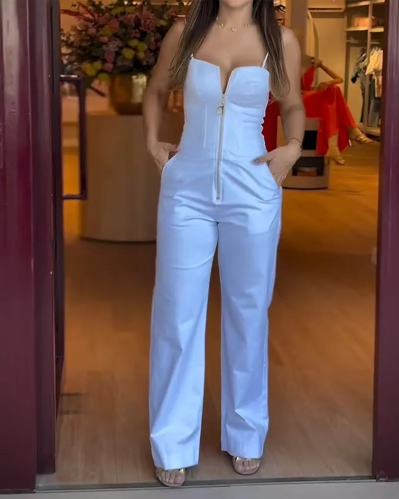 Women's Fashionable High-waist Jumpsuit Office Sexy Zipper Jumpsuit Summer Casual Commuting Solid Color Long Suspender Jumpsuit Badiee Stylez