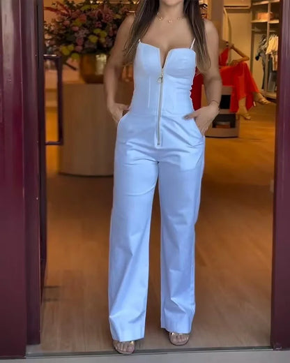 Women's Fashionable High-waist Jumpsuit Office Sexy Zipper Jumpsuit Summer Casual Commuting Solid Color Long Suspender Jumpsuit Badiee Stylez