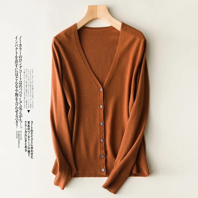 Women Cardigans 2025 Single Breasted Solid Knitted Shirt Spring Autumn Cardigan Korean Fashion V-neck Sweaters Knit Outerwear Chocolate