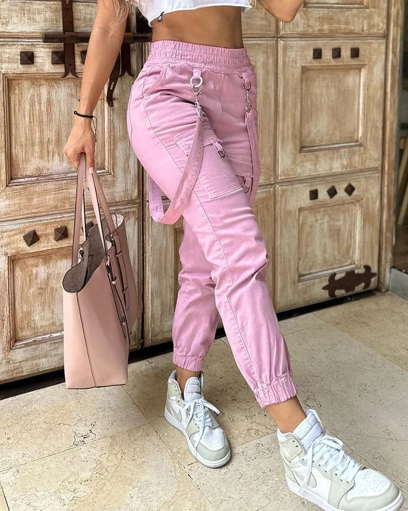 Women's Cargo Pants Casual Trousers 2024 Spring Autumn Solid Color Trend Street Pocket Design Cuff Suspenders Streetwear Women