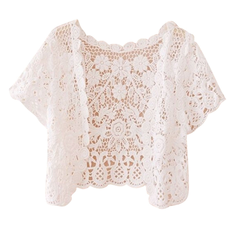M2EA Womens Short Sleeve Open Front Lace Cardigan Floral Crochet Sheer Beach Cover Up Shrugs Crop Bolero Jackets for Dresses