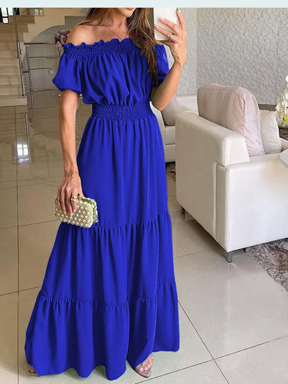 2025 Summer Solid Boho Dress Women Fashion Elegant Beach Party Dress Casual Slash Neck Office Maxi Dresses For Woman Robe Femme 2