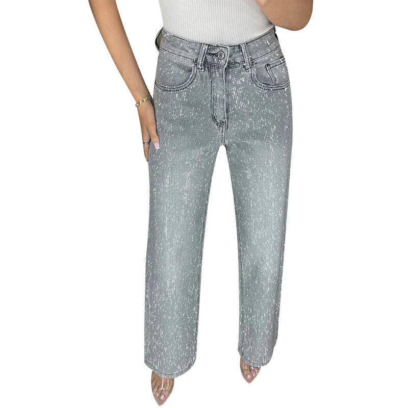 Y2k Women Shiny Rhinestone Denim Pants Wide Leg Straight Full Diamond Jeans for Female Dragging High Street Outwear Trousers