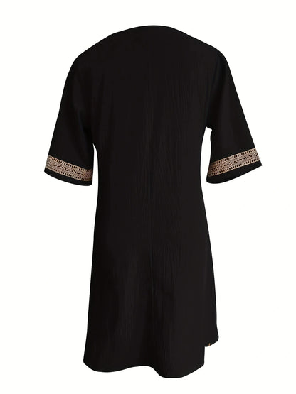 Chic Guipure Lace V-Neck Tunic Dress - Easy-Care, Knee-Length, All- Season Comfort with Stylish Hollow Details Badiee Stylez