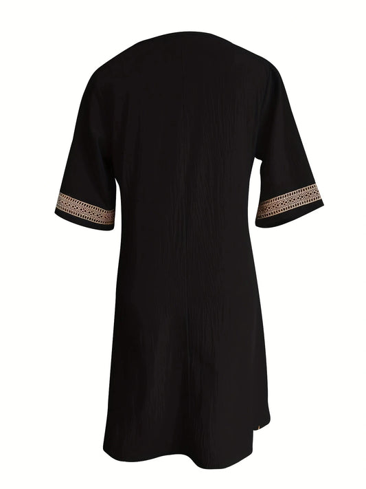 Chic Guipure Lace V-Neck Tunic Dress - Easy-Care, Knee-Length, All- Season Comfort with Stylish Hollow Details Badiee Stylez