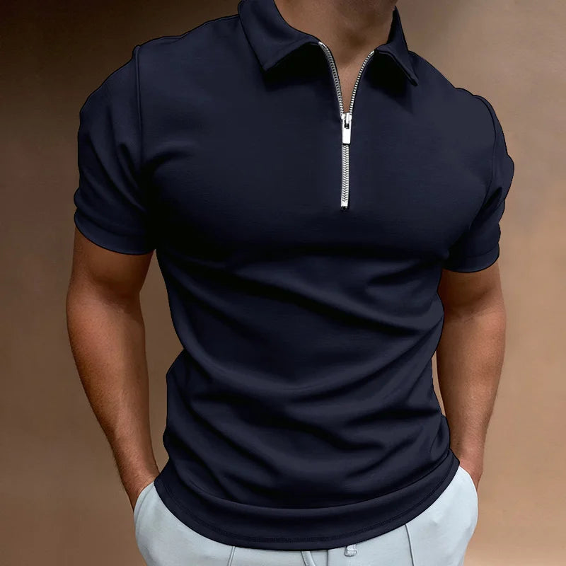 Summer Vibes Men's Polo Shirt - Solid Color, Short Sleeve, Zippered Turn-Down Collar for Effortless Casual Style