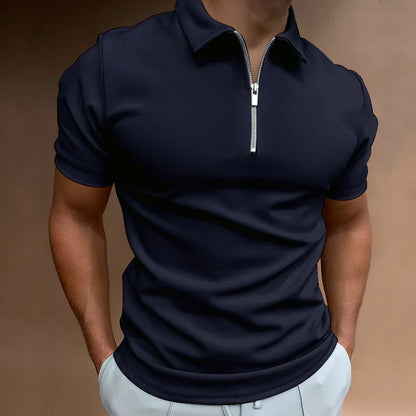 Summer Vibes Men's Polo Shirt - Solid Color, Short Sleeve, Zippered Turn-Down Collar for Effortless Casual Style